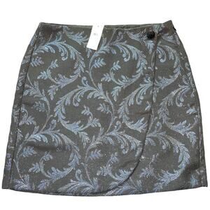 Loft Black Mini Blue Fronds Embossed Jacquard Lined Skirt size 6